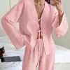 2026 Nuevo Conjunto de Dos Piezas de Color Sólido Europeo y Americano con Mangas Largas y Pantalones Largos Pijamas Cómodos de Algodón Puro Ropa de Casa de Verano para Mujer Adecuado para Usar al Aire Libre