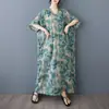 Vestido Plus Size para Menina Cheinha de Comércio Exterior Verão 2025 Decote V Manga Curta Vestido Longo Artístico Retrô Algodão Linho Estampado Blea