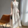 Vestido Nuevo de Primavera y Verano 2025 para Mujer Estilo Holgazán Satén Sedoso Cuello en V Cintura Alta Plata Elegante Vestido Combinable