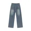 Jeans Personalizados/Biker para Hombre Retro Versátiles Lavados Pierna Recta Casual Sueltos Pierna Ancha Pantalones Largos hasta el Suelo Algodón
