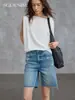 Objeto del Tesoro: Shorts de Mezclilla para Mujer de Tiro Alto Rectos Azul Medio Desgastado, Talla 26, Nuevo Estilo de Verano, Efecto Adelgazante