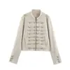 Moda Feminina 2026 Estilo Militar Vintage Transfronteiriço Jaqueta Curta com Gola Alta, Fivelas de Corda Multilinhares e Decorações Metálicas