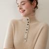 Suéter de Cachemira 100% Otoño e Invierno para Mujer Cuello Alto Ajustado Suéter Básico Ajustado de Punto Interior Suéter con Botón Dorado Color Verde Terciopelo