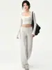 Conjunto de Yoga Falso de Dos Piezas con Almohadillas en el Pecho Manga Larga para Mujer Otoño Pantalones Anchos Sueltos Ropa de Fitness Ropa Deportiva Casual