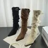 Botas de gamuza con volantes y punta fina para mujer, tacones de aguja, moda coreana otoño 2026, con hebilla de cinturón, botas largas de tacón alto