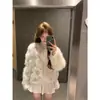 Cardigan Suéter Jaqueta de Veludo Imitação de Visão Fufu Branco Pequeno Perfumado para Mulheres no Outono e Inverno Pelo Espessado Pelo Ecológico