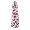 L26245-26 Estilo Verão Europeu e Americano Slim Fit Decote V Profundo Cor Café Floral Alça no Pescoço Costas Abertas Vestido Longo