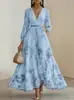 Primavera/Outono 2026 Novo Estilo Transfronteiriço Europeu e Americano Comércio Exterior Roupas Femininas Estampado Decote V Manga Longa Moda Vestido Plissado Saia Longa Feminina