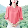 Linda Blusa de Chiffon para Mulheres, Novo Estilo de Verão, Elegante e Rejuvenescedora, Emagrecimento, Blusa de Manga Três Quartos, Camisa para Mãe de Meia-Idade