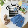 Traje de verano para niños, nuevo, de rayas, de oso, de manga corta, informal, de dos piezas, para niños, pantalones cortos vaqueros, moda de verano.