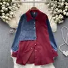 Camisa retro de manga comprida estilo Hong Kong para mulheres, outono e inverno, retalhos irregulares em jeans, modelagem solta, top estiloso