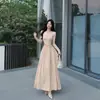 Vestido de Moda Francesa Plisado Cruzado en la Cintura Cuello en V Manga Larga para Mujer Primavera Otoño Temperamento Ajustado Forma de Campana Amplia Falda Larga