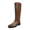Botas de Caballero de Piel de Vaca Melanoid 2026 Otoño/Invierno Tacón Medio Grueso Punta Redonda Hebilla Piel Genuina Tubo Recto Caña Alta Botas Largas para Mujer