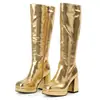 Botas de moda versáteis para comércio exterior, botas altas de bico redondo para outono e inverno, douradas, tamanho grande, botas femininas de salto alto, plataforma impermeável, salto quadrado