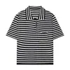 Moda Feminina Transfronteiriça 2026 Estilo Europeu e Americano Decoração de Botão de Bolso Gola Polo Manga Curta Camisa de Tricô Listrada para Mulheres F71263