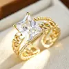 Anillo rectangular Luochen de lujo con circonita cúbica y diseño de cuerda trenzada con cadena, anillo abierto de doble capa, joyería retro europea y americana