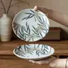 Prato Rasinho Folha de Bambu Estilo Retrô Prato Cerâmico Doméstico Prato Grande Redondo Louça Criativa Prato de Jantar Prato de Sobremesa Japonês Atacado