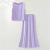 Top sin mangas de acetato morado hecho a medida para mujer con falda de tiro alto, estilo verano, adelgazante, casual, moderno y a la moda