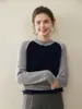 Suéter de Cachemira de Nuevo Estilo Otoño e Invierno 2025 con Color de Contraste para Mujer, Suéter de Capa Base Tejido, Suéter Cálido de Manga Larga de Cachemira