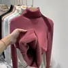 Suéter grueso de punto con forro polar para mujer, cálido, una pieza, top de terciopelo, otoño e invierno, hilo, cuello alto, manga larga, tejido base, ropa interior
