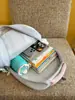 Mochila Nueva para Niña Patchwork de Lunares Azul Claro y Crema con Orejas de Conejo y Lazo, Mochila Estudiantil Estilo Chica Suave