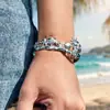 Moda Lady Misteriosa Estilo Retro Praia Oceano Coqueiro Concha Pulseira Aberta Feminina em Aço Inoxidável Banhada a Ouro 18K
