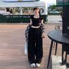 Pantalones de pierna ancha holgados de cintura alta estilo americano retro con cordón y cintura escalonada, pantalones casuales rectos para mujer de principios de otoño, nuevos