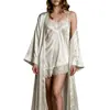 Conjunto de dos piezas de satén seductor para dormir de talla europea transfronteriza: camisón de encaje con cuello en V + bata exterior, bata de casa para mujer
