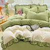 Juego de cuatro piezas de terciopelo de leche engrosado, sábana de terciopelo coral estilo invierno, funda de edredón de encaje de terciopelo de doble cara, ropa de cama de franela