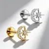 Aretes de Aleación de Titanio F136 con Luna Incrustada de Diamante Estrella de Ocho Puntas Rosca Interna Stud para Cartílago Auricular Labret Joyería para Piercing Corporal de Titanio G23