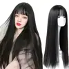 Peruca feminina para cabelos médios e longos, estilo japonês Lolita Comic, franja natural, cabelo preto longo e liso, acessório completo para a cabeça.