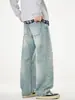 Calça Jeans Masculina Muqiu Retro Americano Estampada Floral Lavada Desgastada Masculina Dirtyfit Solta de Perna Reta Longa