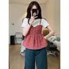 Camiseta Retro de Xadrez Falso Duas Peças com Alças de Bambu e Algodão - Verão Feminino Slimming Splicing