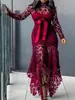2025 Novo Europeu e Americano Exportação Feminino Wish Renda Vazada Manga Longa Gola Alta Cadarço 5 Cores Vestido Assimétrico