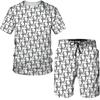 Traje deportivo de verano para hombre transfronterizo con letras, estampado digital 3D, camiseta de manga corta y pantalones cortos, ropa informal transpirable de 2 piezas.