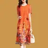 01 Vestido de Verão de Manga Curta Transfronteiriço Feminino Europeu e Americano de Manga Curta Elegante Emagrecedor Floral Gola Redonda Comprimento Médio Vestido para Idosos