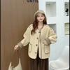 Chaqueta de Lana de Cordero con Empalme a Cuadros Coreana para Mujer Otoño e Invierno 2025 Nuevo Holgado Casual Versátil Engrosada Cálida