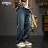 Jeans Americano Retrô Lavado de Perna Reta com Forro de Fleece para Homens, Calças Largas de Caimento Solto, Novas Calças Casuais de Outono e Inverno