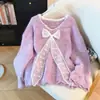 Suéter de tricô com gola de laço de renda, favorito pessoal, para mulheres, novo estilo de outono, manga sino casual, suéter que rejuvenesce