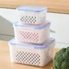 Caixa para Conservar Alimentos Cozinha Cesta de Drenagem de Camada Dupla Retangular com Tampa Caixa Selada para Freezer Cesta para Legumes Caixa para Armazenamento de Frutas Frescas