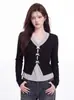 Camiseta de Manga Larga con Cuello en V y Lazo, Estilo Falso Dos Piezas, para Mujer, Otoño, Nicho, Corte Ajustado, Top Corto con Hombros Normales, Adecuado para Tallas Pequeñas
