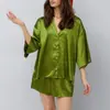 Transfronteiriço 2024 Europeu e Americano Verão Fresco e Confortável Cardigã de Cetim Feminino Roupa de Casa Manga Três Quartos Shorts Feminino Roupa de Casa