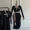 Otoño 2024 Nuevo Europeo y Americano Amazon Transfronterizo Moda para Mujer Color en Contraste Chanel Elegante Vestido de Punto Ajustado