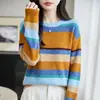 Suéter de tricô listrado para mulheres, curto, gola redonda, de caimento solto, top de tricô casual e estiloso, com uma vibe descontraída e um efeito emagrecedor
