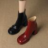 2026 Novas Botas Curtas de Couro Patentado para Mulheres, Estilo Francês Outono e Inverno com Laço e Salto Alto, Sapatos de Noiva Vermelhos em Vários Tamanhos, Sapatos de Casamento