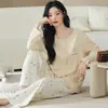 Novo conjunto de pijama de outono para mulheres, com mangas compridas e calças compridas, cardigã de gola redonda em duas peças, conjunto de casa 100% algodão para transmissão ao vivo, com frete grátis