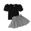 Traje de primavera y verano para niñas de Amazon, estilo europeo y americano, con mangas abullonadas y falda a cuadros con lazo, venta al por mayor