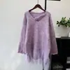 2025 Nuevo Otoño e Invierno de Longitud Media Estilo Coreano Holgado Patchwork Tejido de Malla Tops Estilo Perezoso Jersey de Punto para Mujer