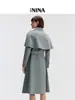 Não há devoluções ou trocas para tamanhos descontinuados. Casaco tipo capa de lã pura para mulheres, adequado para o deslocamento no outono e inverno, com cintura de amarrar e design longo em lã, direto da fábrica de origem