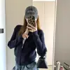 Cárdigan de punto con cremallera azul marino, estilo fino para mujer, chic coreano de principios de otoño, ajuste ceñido, chaqueta suéter que ciñe la cintura, de longitud corta